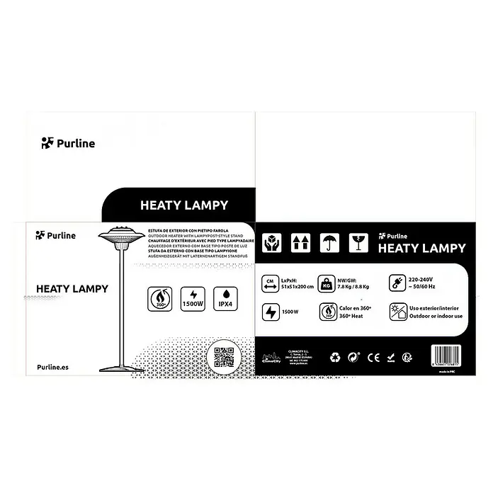 Purline Estufa de exterior Heaty Lampy - Altura: 200 cm - Embalaje del producto para el calefactor de exterior PURLINE Heaty Lampy con soporte tipo farola, destacando dimensiones, peso y especificaciones.