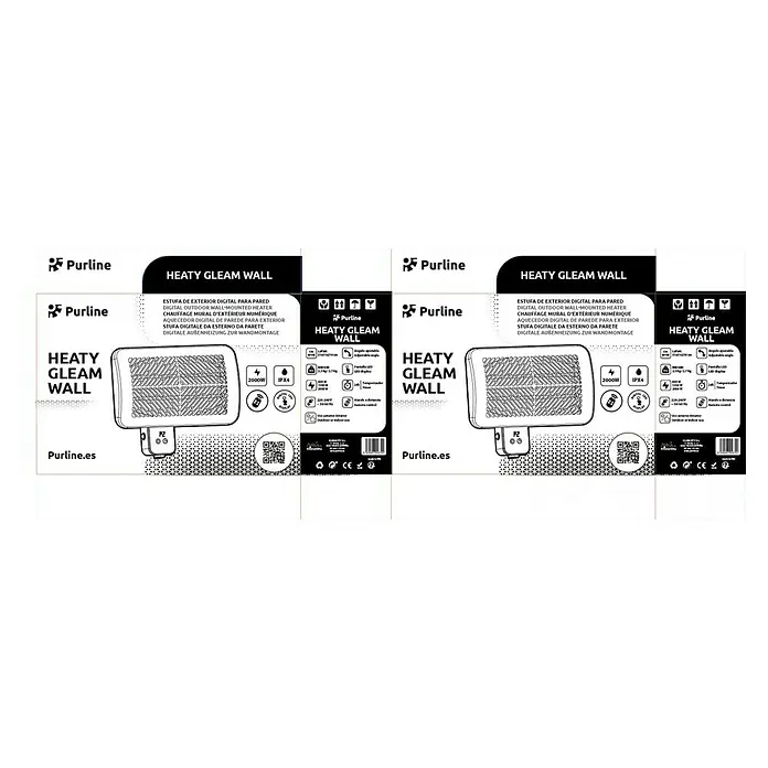 Purline Estufa de exterior Heaty Gleam Wall - Altura: 32 cm - Imagen de un calefactor Purline llamado HEATY GLEAM WALL, un calefactor digital de pared para exteriores.