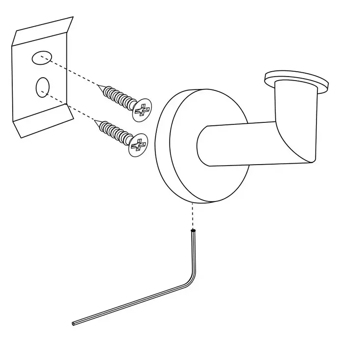 Bath Stage B-Good Toallero de gancho - 1 ud., Cromo, Brillante - Dibujo esquemático de un soporte de pared con tornillos y llave Allen para la instalación. El soporte es redondo y tiene un brazo.