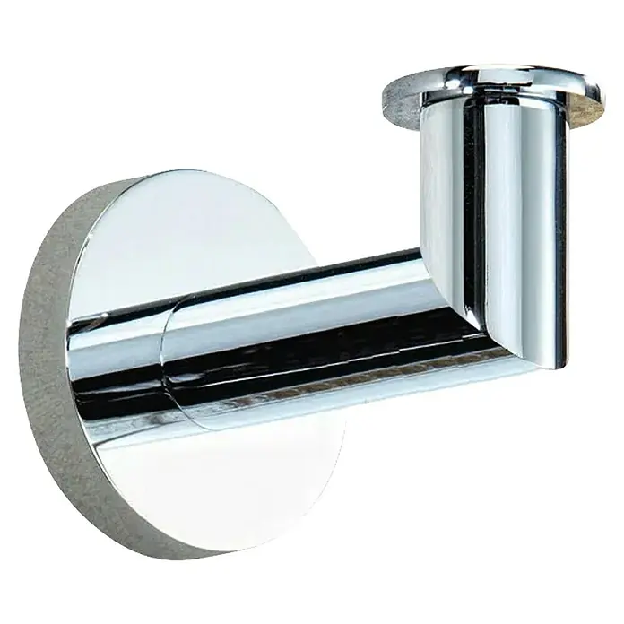 Bath Stage B-Good Toallero de gancho - 1 ud., Cromo, Brillante - Primer plano de un brillante gancho de pared cromado con base redonda para montaje y brazo cilíndrico para colgar objetos.