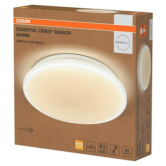 Osram Orbis LED-Deckenleuchte rund Essential Sensor - 18 W, Weiß, Warmweiß - Eine Osram Essential Orbis Sensor Deckenleuchte in ihrer Verpackung. Die energiesparende LED-Leuchte hat 290mm Durchmesser.