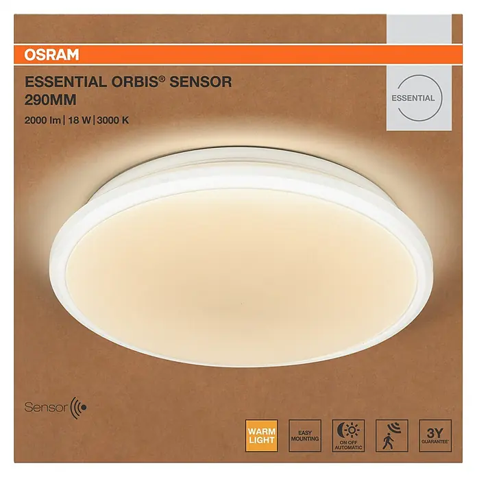 Osram Orbis LED-Deckenleuchte rund Essential Sensor - 18 W, Weiß, Warmweiß - OSRAM Essential Orbis Sensor Deckenleuchte, 290mm, 2000lm, 18W, 3000K, mit Bewegungssensor, einfache Montage und 3 Jahre Garantie.