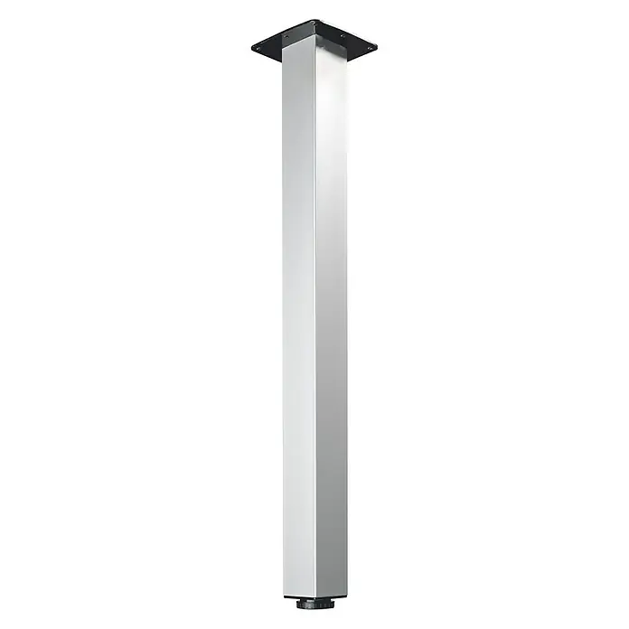 Hettich Möbelfuß Mella - L x B x H: 6 x 6 x 70 cm, Traglast: 100 kg, Stahl, Grau - Bild einer Tischbeinverlängerung aus Metall mit schwarzer Montageplatte und verstellbarem Fuß für Möbel.