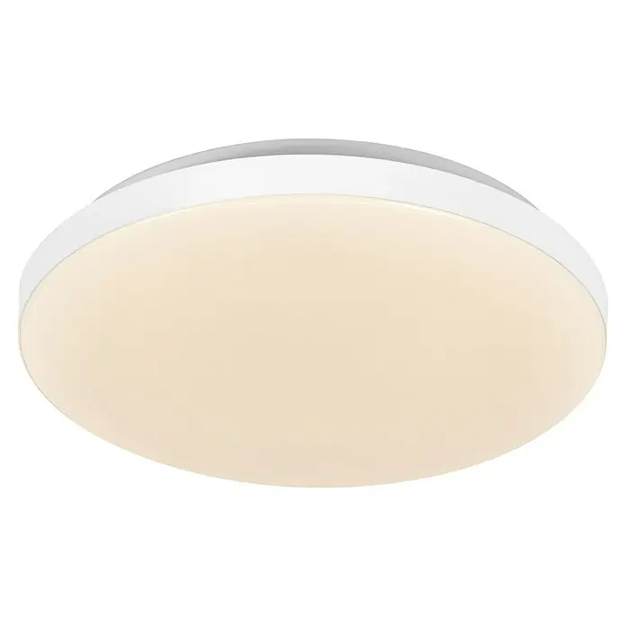 Osram Orbis LED-Deckenleuchte rund Essential - 18 W, Ø x H: 28,5 x 6,5 cm, Weiß, Warmweiß - Eine Nahaufnahme einer runden LED-Deckenleuchte mit weißem Rand und cremefarbener Lichtabdeckung vor einem schwarzen Hintergrund.