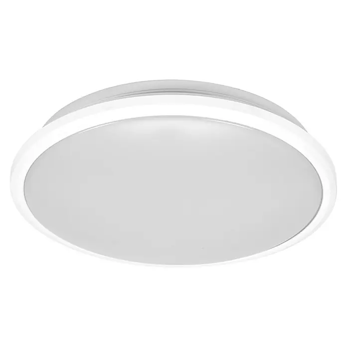 Osram Orbis LED-Deckenleuchte rund Essential Sensor - 18 W, Weiß, Warmweiß - Eine Nahaufnahme einer runden, weißen Deckenleuchte mit einem schlichten, modernen Design, die sanftes Licht ausstrahlt.
