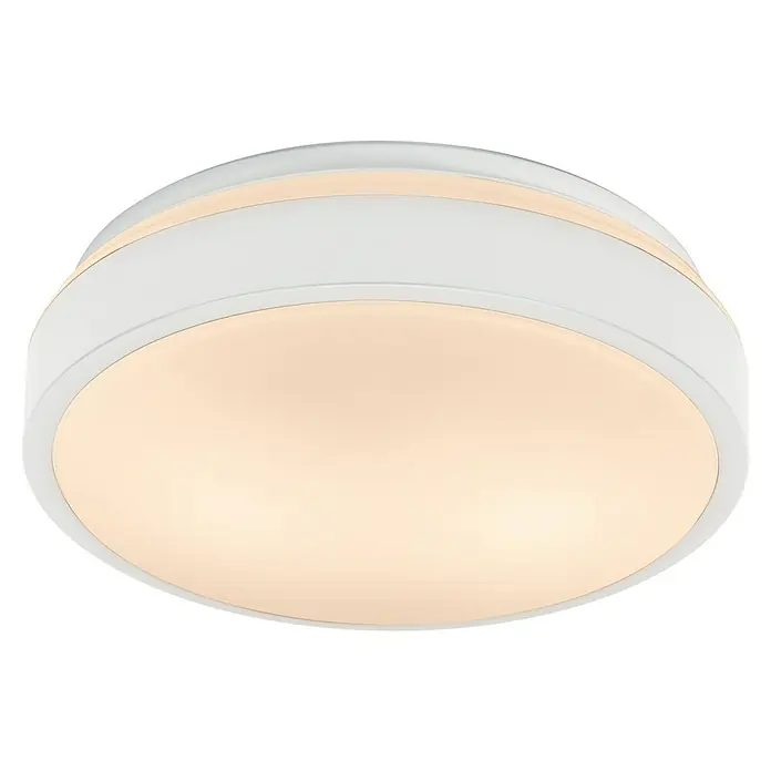 Osram Orbis LED-Deckenleuchte rund Essential - 10 W, Ø x H: 28 x 9,5 cm, Weiß, Ohne Leuchtmittel - Nahaufnahme einer modernen runden Deckenleuchte mit einem weißen Rahmen und einem sanften, warmen Licht.