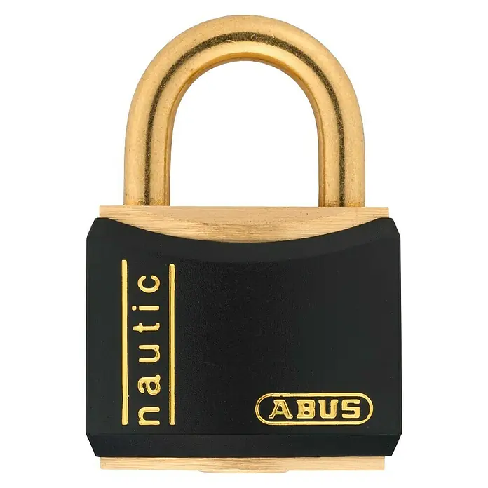 Abus Marine Candado T84MB/20 - An x Al: 22 x 34 mm, 1 ud., Latón - Primer plano de un candado ABUS Nautic con cuerpo negro y arco dorado, ideal para aplicaciones marinas.
