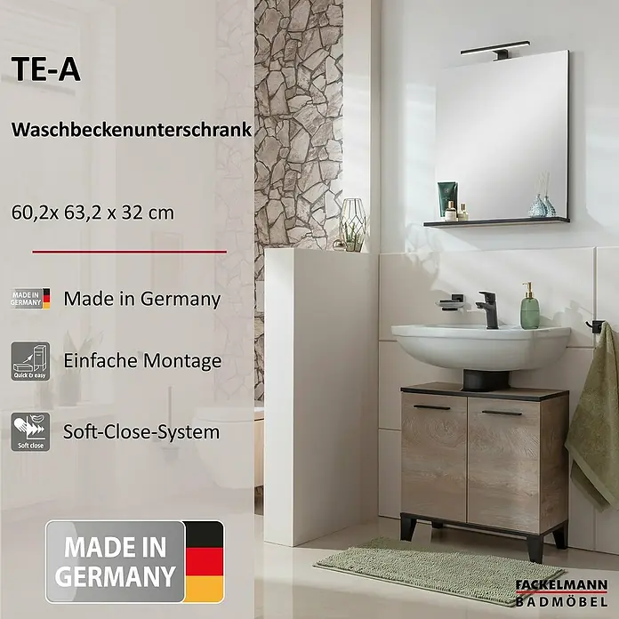 Fackelmann TE-A Waschbeckenunterschrank - Breite: 60,2 cm, Höhe: 63,2 cm, Nature Oak Holzoptik - Bild eines Waschbeckenunterschranks TE-A mit den Maßen 60,2 x 63,2 x 32 cm, hergestellt in Deutschland, mit Soft-Close-System und einfacher Montage.