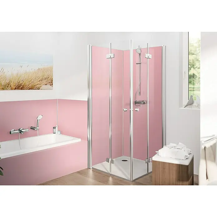 SanDesign Alu-Verbundplatte - 100 x 250 cm, Bright Pink - Ein modernes Badezimmer mit einer stilvollen Duschkabine mit rosa Paneelen und silbernen Rahmen.