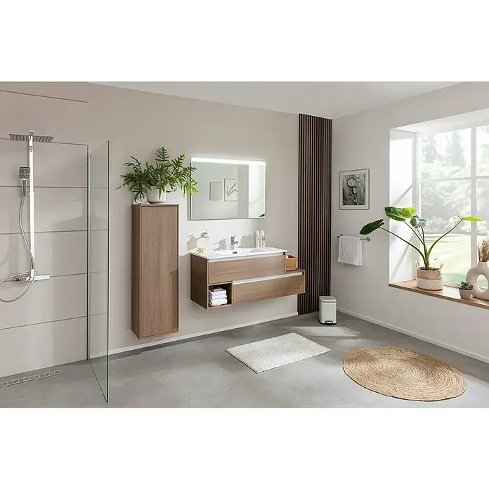 Fackelmann Vita Waschtischunterschrank - B x T x H: 128,5 x 46 x 50 cm, Summer Oak/Weiß, Offenes Fach links - Modernes Badezimmer mit Holzwaschtisch und großem Spiegel. Die Einrichtung ist stilvoll und minimalistisch gehalten.