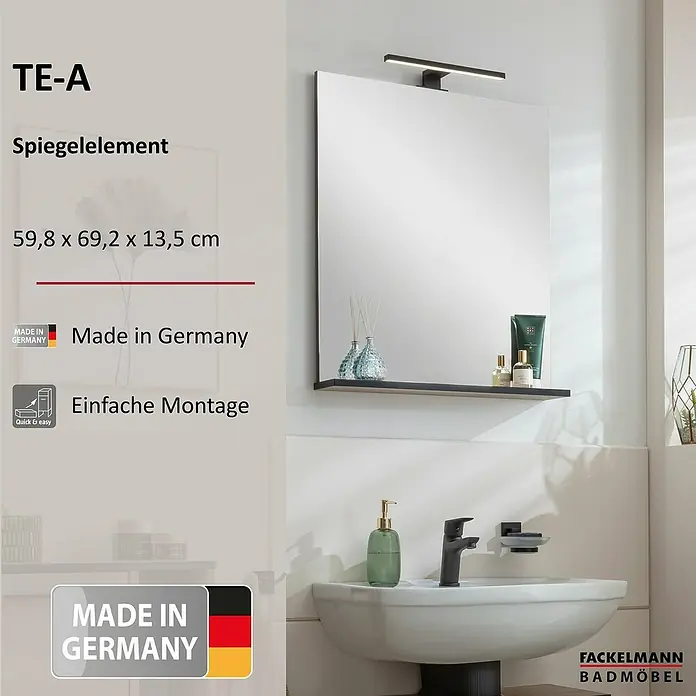 Fackelmann TE-A Ablagespiegel -  - Produktbild eines rechteckigen Spiegelelements TE-A mit Ablage und LED-Beleuchtung von Fackelmann Badmöbel.