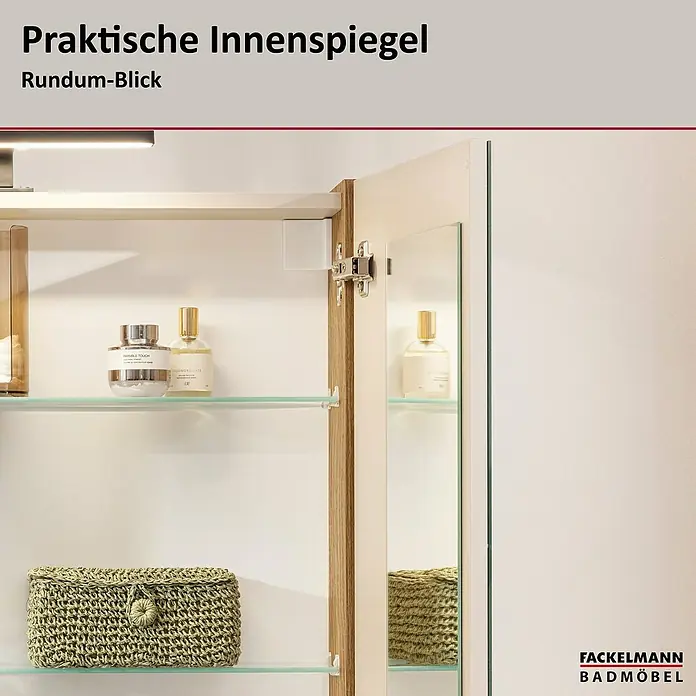 Fackelmann Compact Line Spiegelschrank - B x H: 70 x 68 cm, Lindberg Eiche - Praktische Innenspiegel für den täglichen Gebrauch. Der Spiegelschrank bietet Rundum-Blick und ist ideal für Badmöbel geeignet, um Kosmetikartikel aufzubewahren.