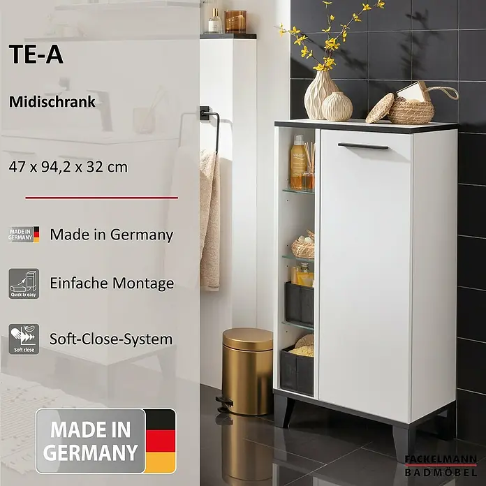 Fackelmann TE-A Midischrank - B x T x H: 47 x 32 x 94,2 cm, Weiß - Produktbild eines weißen Fackelmann TE-A Midischranks mit schwarzem Rand und goldenem Mülleimer davor.