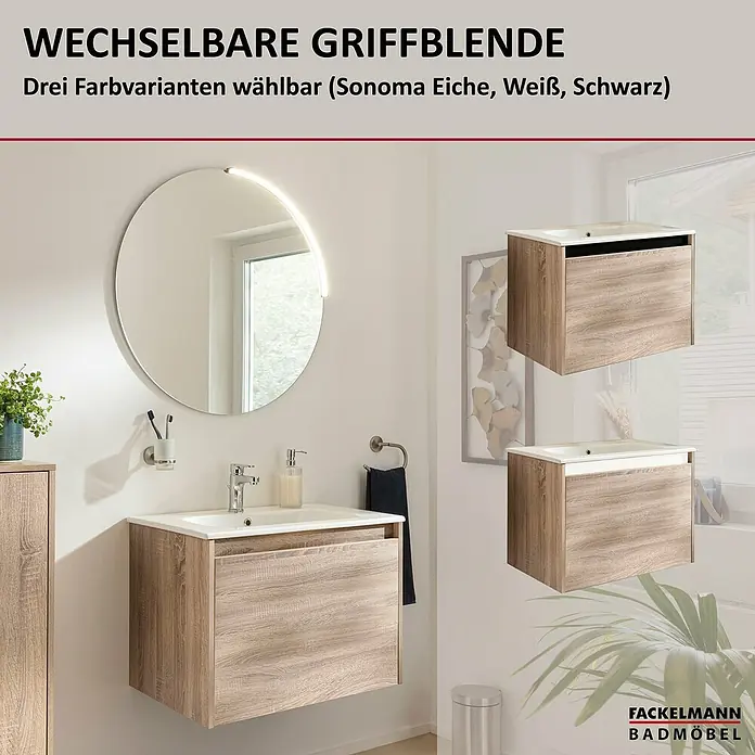 Fackelmann Compact Line Badmöbel-Set - Gesamtbreite Badmöbel: 71 cm, Sonoma Eiche, Matt, Anzahl Schubladen: 1 Stk. - Badezimmermöbel von Fackelmann mit wechselbarer Griffblende in drei Farbvarianten: Sonoma Eiche, Weiß und Schwarz zur individuellen Gestaltung.