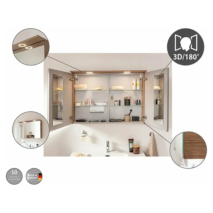 Fackelmann Vita LED-Spiegelschrank - B x H: 100,2 x 69,6 cm, Summer Oak - Das Bild zeigt einen Badezimmerschrank mit Spiegel und integrierter Beleuchtung, der über einem Waschbecken montiert ist. Der Schrank bietet praktischen Stauraum.