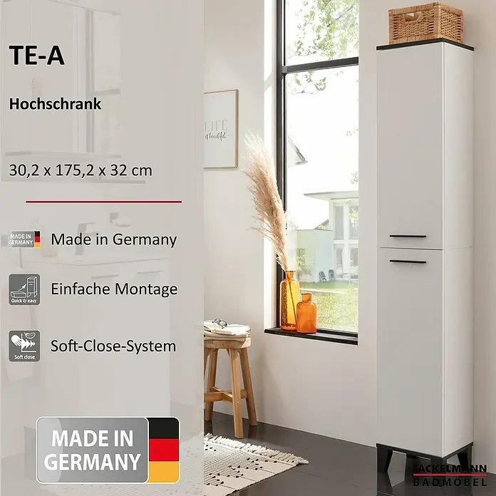 Fackelmann TE-A Hochschrank - B x T x H: 30,2 x 32 x 175,2 cm, Weiß - Produktbild eines weißen Fackelmann TE-A Hochschranks mit den Maßen 30,2 x 175,2 x 32 cm, hergestellt in Deutschland.