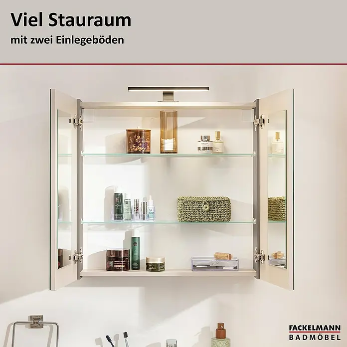 Fackelmann Compact Line Spiegelschrank - B x H: 70 x 68 cm, Kaschmir - Badezimmerschrank mit Spiegeltüren und Glasböden, der viel Stauraum bietet. Die Ablagen sind mit Kosmetikprodukten gefüllt.