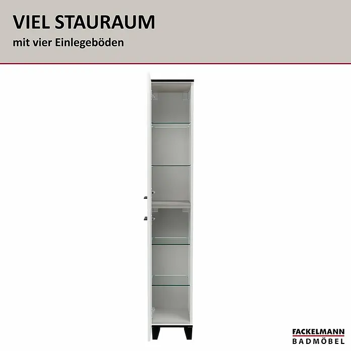 Fackelmann TE-A Hochschrank - B x T x H: 30,2 x 32 x 175,2 cm, Weiß - Der Fackelmann Badmöbel-Hochschrank bietet mit seinen vier Einlegeböden viel Stauraum für Ihr Badezimmer.