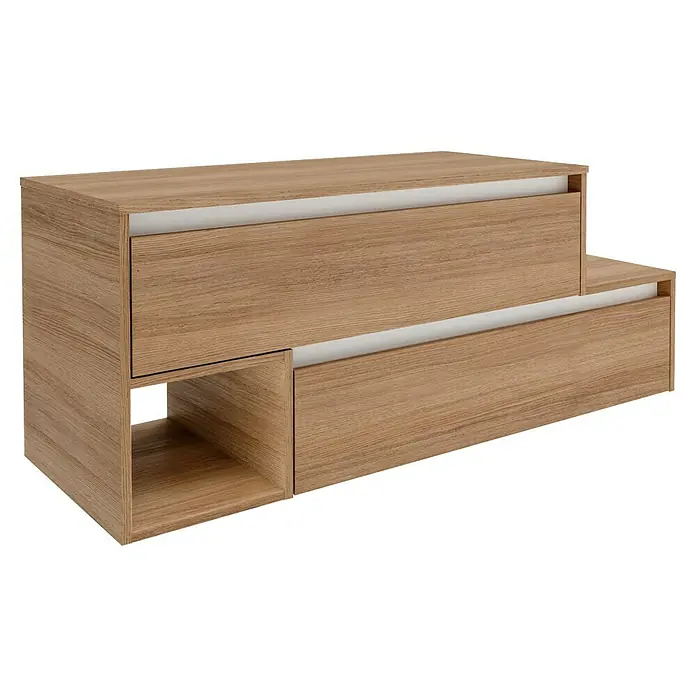 Fackelmann Vita Waschtischunterschrank - B x T x H: 128,7 x 46,5 x 51,6 cm, Summer Oak/Weiß, Farbe Griff: Weiß, Offenes Fach links - Ein moderner, hellholzfarbener Nachttisch mit zwei Schubladen und einem offenen Fach bietet praktischen Stauraum.