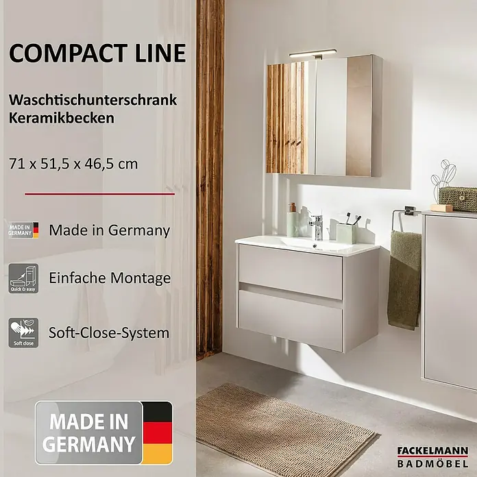 Fackelmann Compact Line Badmöbel-Set - Gesamtbreite Badmöbel: 71 cm, Kaschmir, Matt, Anzahl Schubladen: 2 Stk. - Das Bild zeigt einen modernen Badezimmerschrank mit Waschbecken, Spiegel und Stauraum in einem hellen, zeitgemäßen Design.