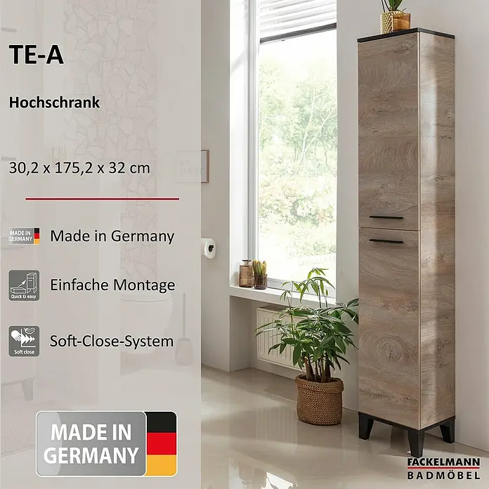 Fackelmann TE-A Hochschrank - B x T x H: 30,2 x 32 x 175,2 cm, Nature Oak Holzoptik - Bild eines Fackelmann Badezimmerschranks TE-A in heller Holzoptik mit zwei Türen und schwarzen Griffen, stehend in einem Badezimmer.