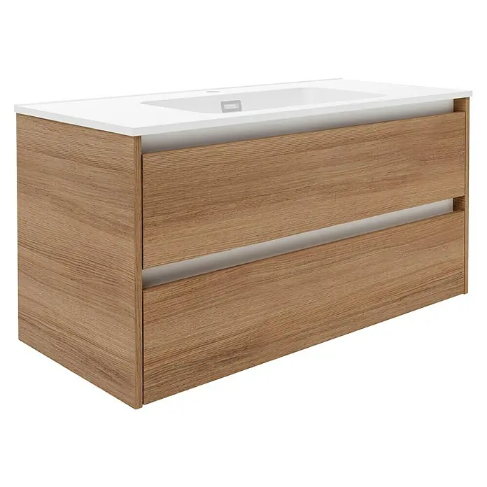 Fackelmann Vita Waschtischunterschrank - B x T x H: 100 x 46 x 50 cm, Summer Oak/Weiß, Farbe Griff: Weiß - Ein modernes Waschbeckenunterschrank in Holzoptik mit zwei Schubladen und einer weißen Keramikplatte für Badezimmer.