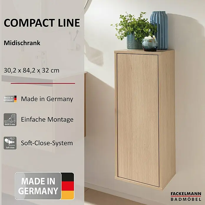 Fackelmann Compact Line Midischrank - B x T x H: 30,2 x 32 x 84,2 cm, Lindberg Eiche, Links/Rechts - Abbildung eines Midischranks der Serie Compact Line von Fackelmann Badmöbel in heller Holzoptik mit Pflanzen und Deko auf der Ablagefläche.