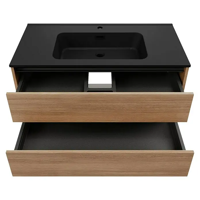 Fackelmann Vita Waschtischunterschrank - B x T x H: 100 x 46 x 50 cm, Summer Oak/Schwarz, Farbe Griff: Schwarz - Ein moderner Waschtischunterschrank mit offenem Schubladen, präsentiert eine stilvolle Badmöbellösung.