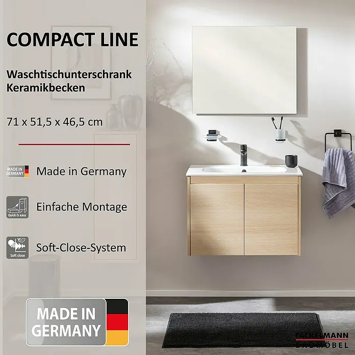 Fackelmann Compact Line Badmöbel-Set - Gesamtbreite Badmöbel: 71 cm, Lindberg-Eiche-Optik, Matt - Ein modernes Badezimmer-Ensemble mit einem Waschtischunterschrank in Holzoptik, einem Keramikbecken und einem Spiegel.
