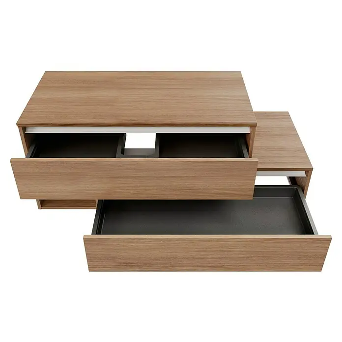 Fackelmann Vita Waschtischunterschrank - B x T x H: 128,7 x 46,5 x 51,6 cm, Summer Oak/Weiß, Farbe Griff: Weiß, Offenes Fach links - Das Bild zeigt einen modernen Schrank mit Schubladen aus hellem Holz und grauem Innenleben, die teilweise geöffnet sind.