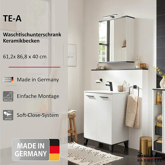 Fackelmann TE-A Badmöbel-Set - Gesamtbreite Badmöbel: 61,4 cm, Weiß, Matt, 2 -tlg. - Bild eines weißen TE-A Waschtischunterschranks mit Keramikbecken, Maße 61,2x86,8x40 cm. Hergestellt in Deutschland, einfache Montage und Soft-Close-System.