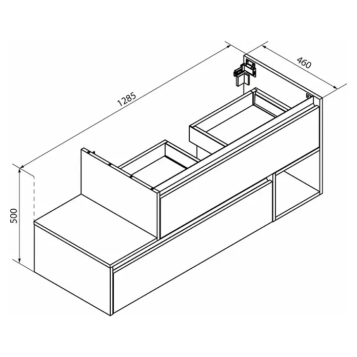 Fackelmann Vita Waschtischunterschrank - B x T x H: 128,5 x 46 x 50 cm, Summer Oak/Weiß, Offenes Fach rechts - Detaillierte Schemazeichnung eines Waschtischunterschranks mit Schubladen und Fächern, Maße angegeben.