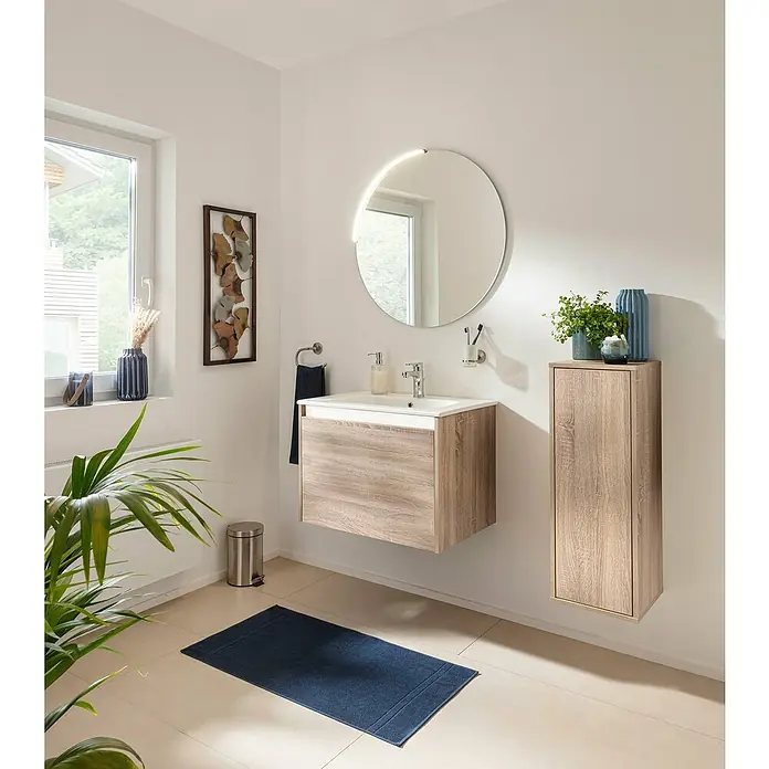 Fackelmann Compact Line Badmöbel-Set - Gesamtbreite Badmöbel: 71 cm, Sonoma Eiche, Matt, Anzahl Schubladen: 1 Stk. - Modernes Badezimmer-Interieur mit einem schwebenden Waschtisch in Holzoptik, einem runden Spiegel und einem passenden Hängeschrank.