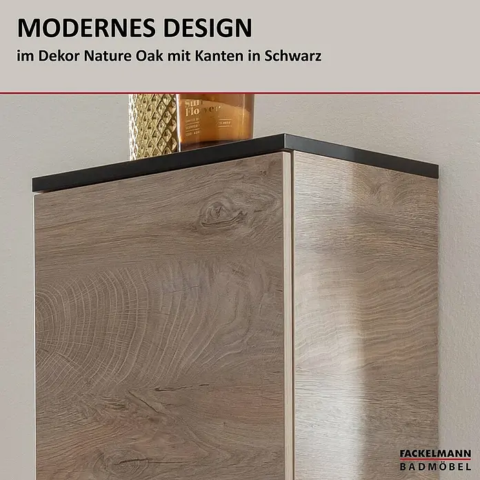 Fackelmann TE-A Hochschrank - B x T x H: 30,2 x 32 x 175,2 cm, Nature Oak Holzoptik - Moderne Badmöbel im Dekor Nature Oak mit schwarzen Kanten, stilvolles Design für Ihr Badezimmer.