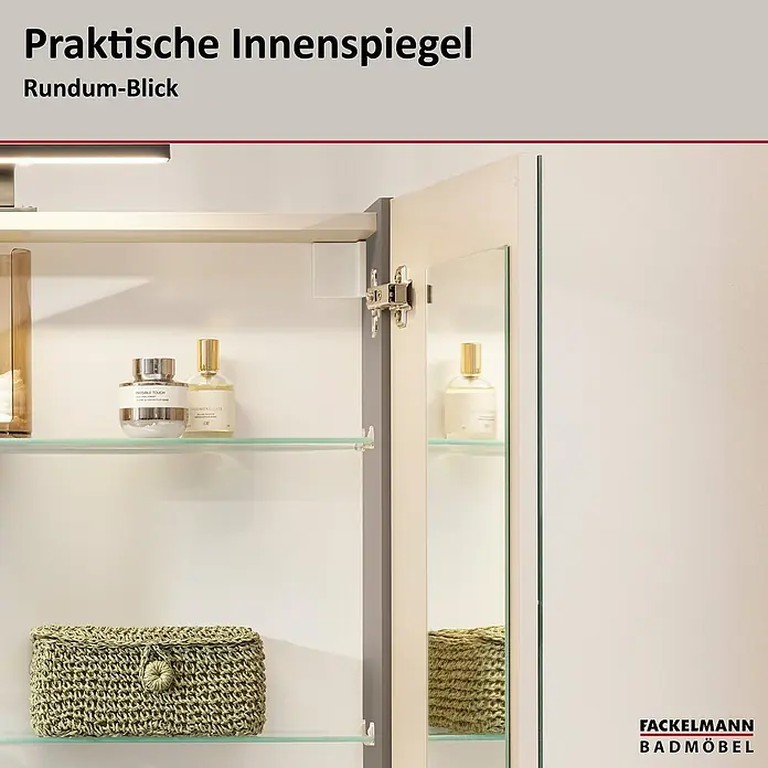 Fackelmann Compact Line Spiegelschrank - B x H: 70 x 68 cm, Kaschmir - Praktischer Badezimmerspiegelschrank mit Glasböden und LED-Beleuchtung für eine optimale Badorganisation.