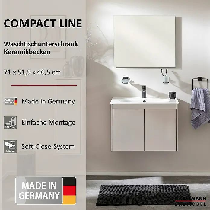 Fackelmann Compact Line Badmöbel-Set - Gesamtbreite Badmöbel: 71 cm, Kaschmir, Matt, Anzahl Türen: 2 Stk. - Das Bild zeigt einen Waschtischunterschrank mit Keramikbecken der Marke Fackelmann, hergestellt in Deutschland.