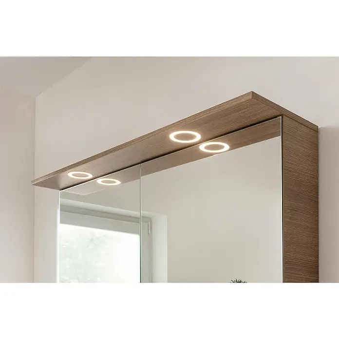 Fackelmann Vita LED-Spiegelschrank - B x H: 100,2 x 69,6 cm, Summer Oak - Ein Spiegelschrank aus Holz mit integrierter Beleuchtung. Die runden Lampen sind in das Holz eingelassen und werfen ein warmes Licht.