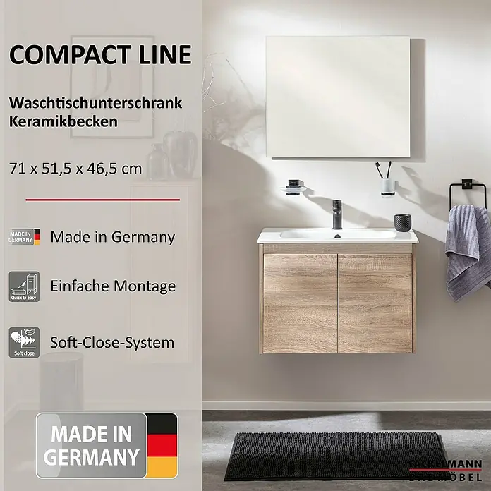 Fackelmann Compact Line Badmöbel-Set - Gesamtbreite Badmöbel: 71 cm, Sonoma-Eiche-Optik, Matt - Das Bild zeigt einen modernen Waschtischunterschrank mit Keramikbecken, Spiegel und Accessoires. Die klaren Linien und die helle Holzoptik verleihen dem Bad eine freundliche Atmosphäre.