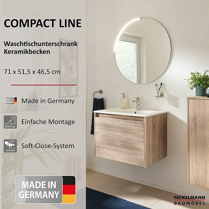 Fackelmann Compact Line Badmöbel-Set - Gesamtbreite Badmöbel: 71 cm, Sonoma Eiche, Matt, Anzahl Schubladen: 1 Stk. - Badezimmermöbel-Set mit Waschtischunterschrank und Keramikbecken. Das Set besticht durch sein modernes Design und seine hochwertige Verarbeitung.