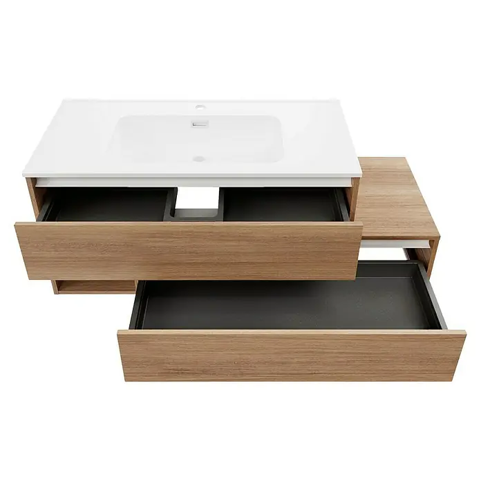 Fackelmann Vita Waschtischunterschrank - B x T x H: 128,5 x 46 x 50 cm, Summer Oak/Weiß, Offenes Fach links - Offener Holzunterschrank mit Schubladen und weißem Waschbecken. Praktische und stilvolle Badmöbel für ein modernes Badezimmer.