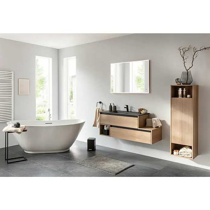 Fackelmann Vita Midischrank - B x T x H: 40,2 x 32 x 125,7 cm, Summer Oak, DIN Anschlag: Links, Mit zwei offenen Fächern - Modernes Badezimmer mit freistehender Badewanne, Waschtisch mit Unterschrank und Spiegelschrank. Helle, freundliche Atmosphäre.