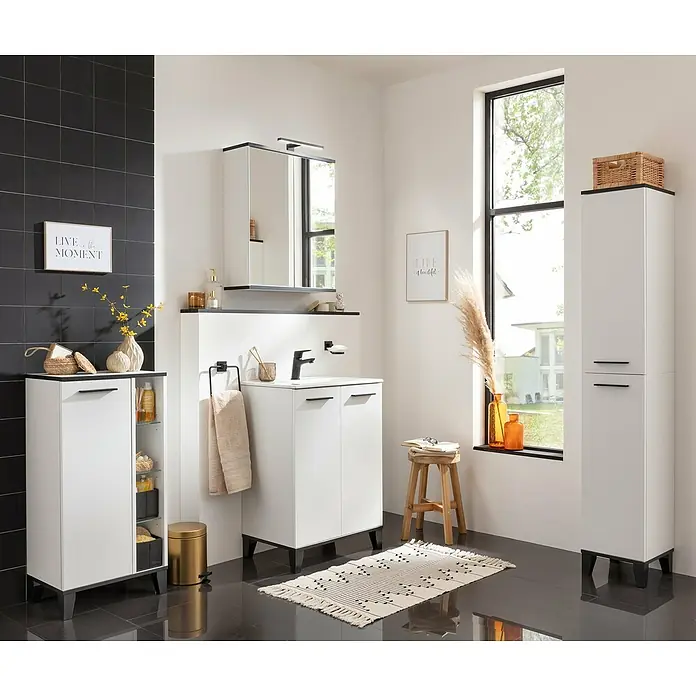 Fackelmann TE-A Badmöbel-Set - Gesamtbreite Badmöbel: 61,4 cm, Weiß, Matt, 2 -tlg. - Badezimmer-Interieur mit weißen Badezimmermöbeln, darunter ein Waschbeckenunterschrank, ein Hochschrank und ein Spiegelschrank, die ein modernes und stilvolles Ambiente schaffen.