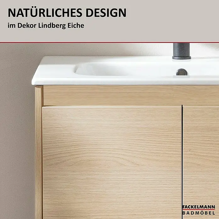 Fackelmann Compact Line Badmöbel-Set - Gesamtbreite Badmöbel: 71 cm, Lindberg-Eiche-Optik, Matt - Badezimmermöbel mit natürlichem Design im Dekor Lindberg Eiche. Das Waschbecken ist weiß, und die Armaturen sind in dunklem Anthrazit gehalten.