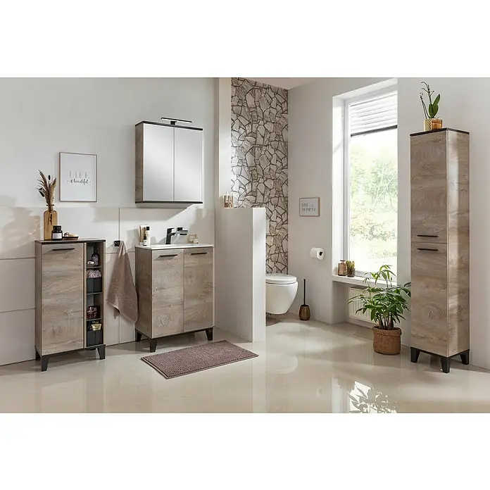 Fackelmann TE-A Badmöbel-Set - Gesamtbreite Badmöbel: 61,4 cm, Nature Oak Holzoptik, Matt, 2 -tlg. - Badezimmer-Ensemble mit Waschtisch, Spiegelschrank und Hochschrank in Holzoptik, ergänzt durch moderne Armaturen und stilvolle Dekoration.