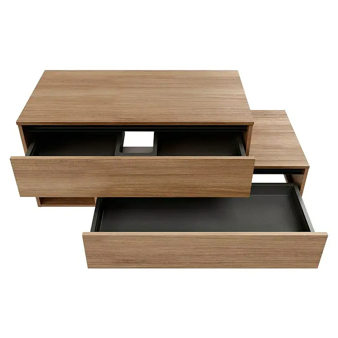Fackelmann Vita Waschtischunterschrank - B x T x H: 128,7 x 46,5 x 51,6 cm, Summer Oak/Schwarz, Farbe Griff: Schwarz, Offenes Fach links - Schubladenkommode mit zwei offenen Schubladen aus hellem Holz mit dunklen Akzenten für moderne Aufbewahrung.