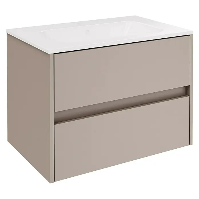 Fackelmann Compact Line Badmöbel-Set - Gesamtbreite Badmöbel: 71 cm, Kaschmir, Matt, Anzahl Schubladen: 2 Stk. - Badezimmerschrank mit zwei Schubladen und einer weißen Waschbeckenplatte. Der Schrank ist in einem neutralen Farbton gehalten.