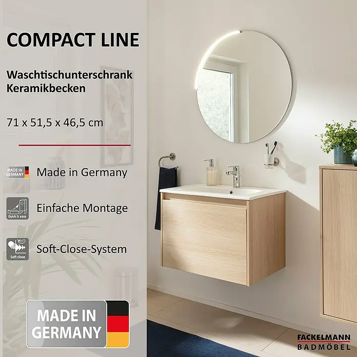 Fackelmann Compact Line Badmöbel-Set - Gesamtbreite Badmöbel: 71 cm, Lindberg Eiche, Matt, Anzahl Schubladen: 1 Stk. - Badezimmermöbel-Set Compact Line mit Waschtischunterschrank und Keramikbecken, hergestellt in Deutschland. Stilvolles Design für jedes Badezimmer.