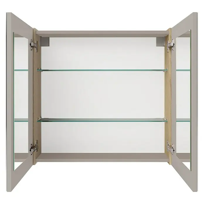 Fackelmann Compact Line Spiegelschrank - B x H: 70 x 68 cm, Lindberg Eiche - Ein offener Spiegelschrank mit zwei Glastüren und Glasböden, ideal für Badezimmer zur Aufbewahrung von Kosmetik und Hygieneartikeln.