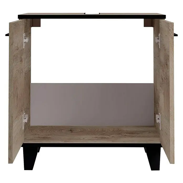 Fackelmann TE-A Waschbeckenunterschrank - Breite: 60,2 cm, Höhe: 63,2 cm, Nature Oak Holzoptik - Offener Holzschrank mit schwarzem Oberteil und Beinen. Bietet viel Stauraum und passt perfekt in moderne Wohnräume.