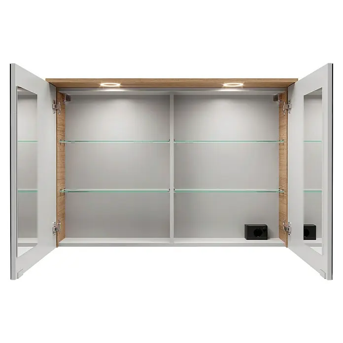 Fackelmann Vita LED-Spiegelschrank - B x H: 100,2 x 69,6 cm, Summer Oak - Aufnahme eines geöffneten Badezimmerschranks mit Glasböden und Beleuchtung.